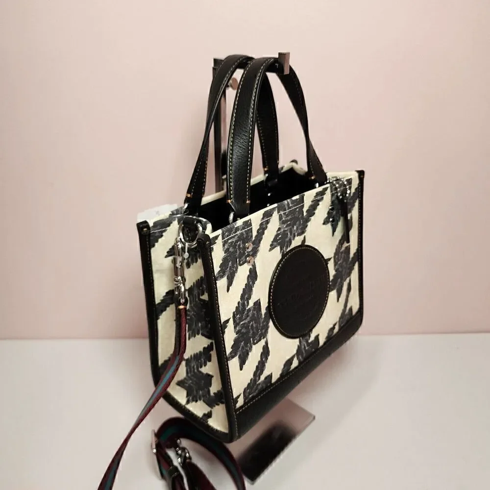 COACH CJ623 Dempsey Tote 22 Canvas & Leather Houndstooth Print Patch Cream